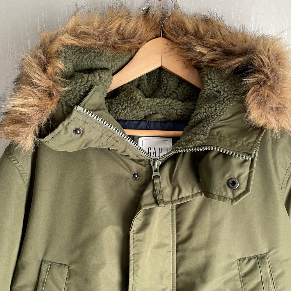 Gap Men’s Olive Green Winter Parka Cold Control Max Snorkel Coat Size Large - Picture 5 of 16